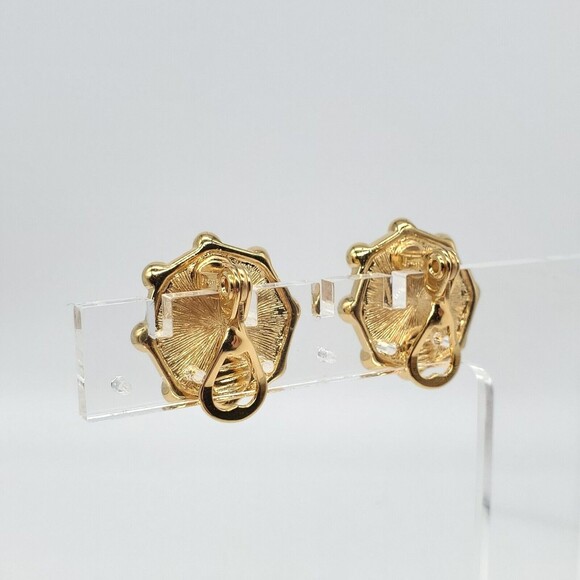 Vintage Monet Signed Designer Black Enamel Gold Porthole Clip On Earrings Runway - Picture 4 of 8